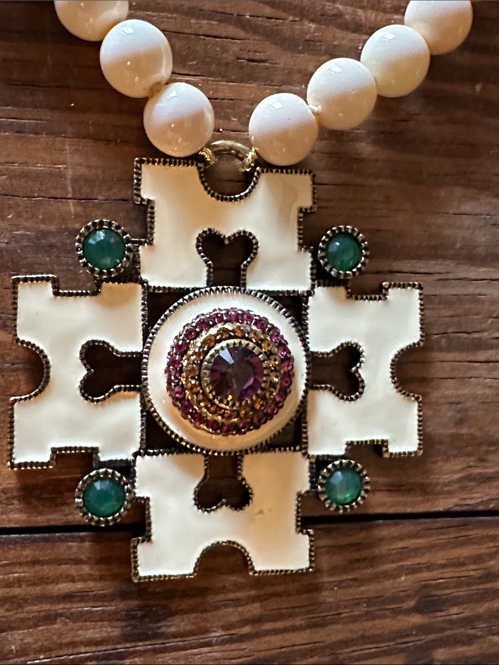 Heidi Daus Ivory Bead Necklace with Multicolor Medallion and Green Accents